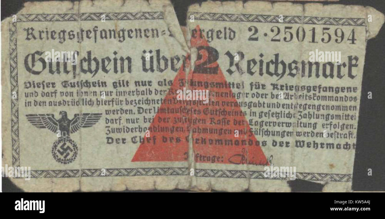 KF Lagergeld 2 Reichsmark è una banconota storica del Reich tedesco, emessa all'inizio del XX secolo, che rappresenta il sistema monetario e la storia economica del periodo. Foto Stock