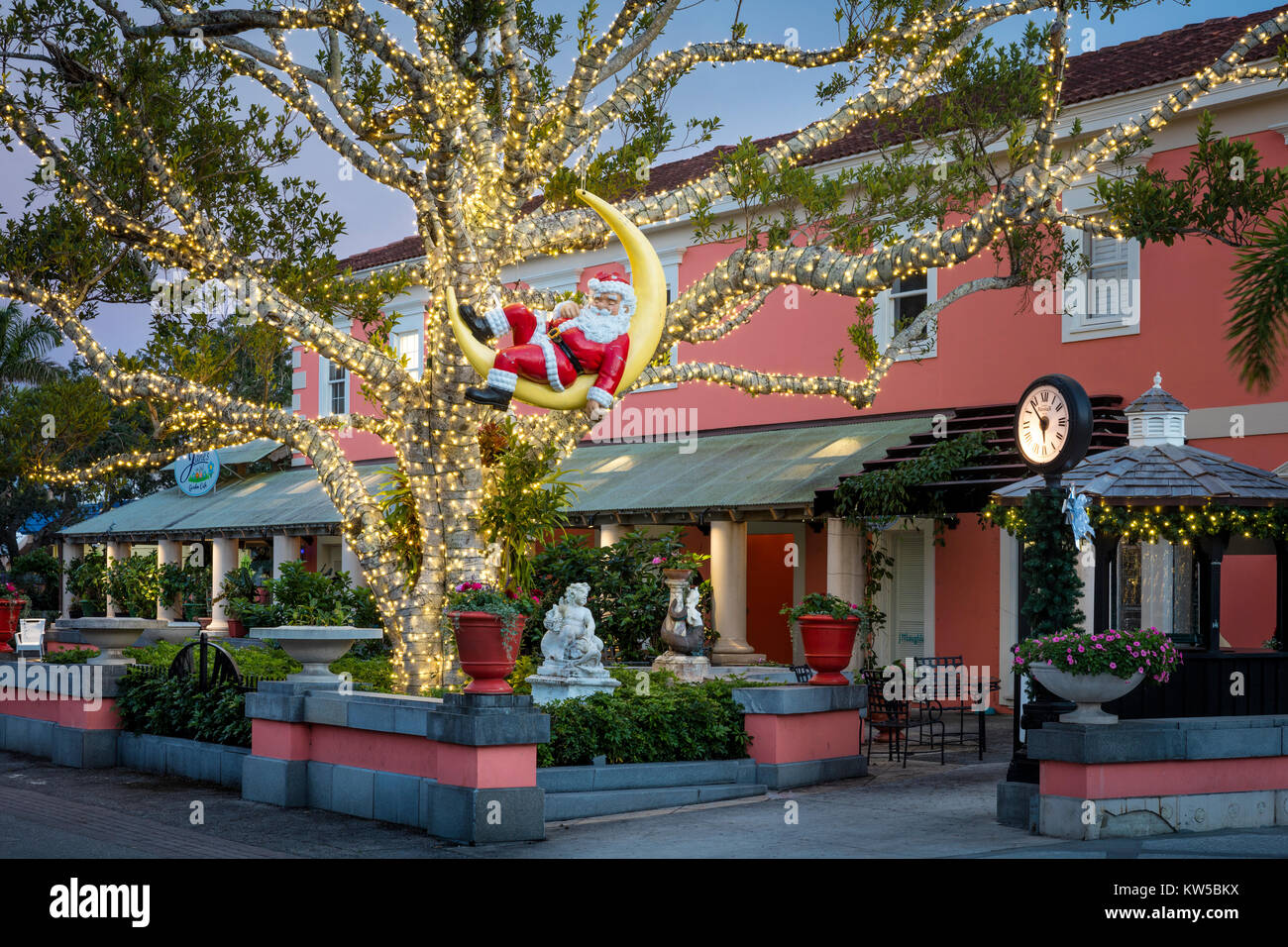 Babbo Natale dorme in un decorate albero di Natale, Naples, Florida, Stati Uniti d'America Foto Stock