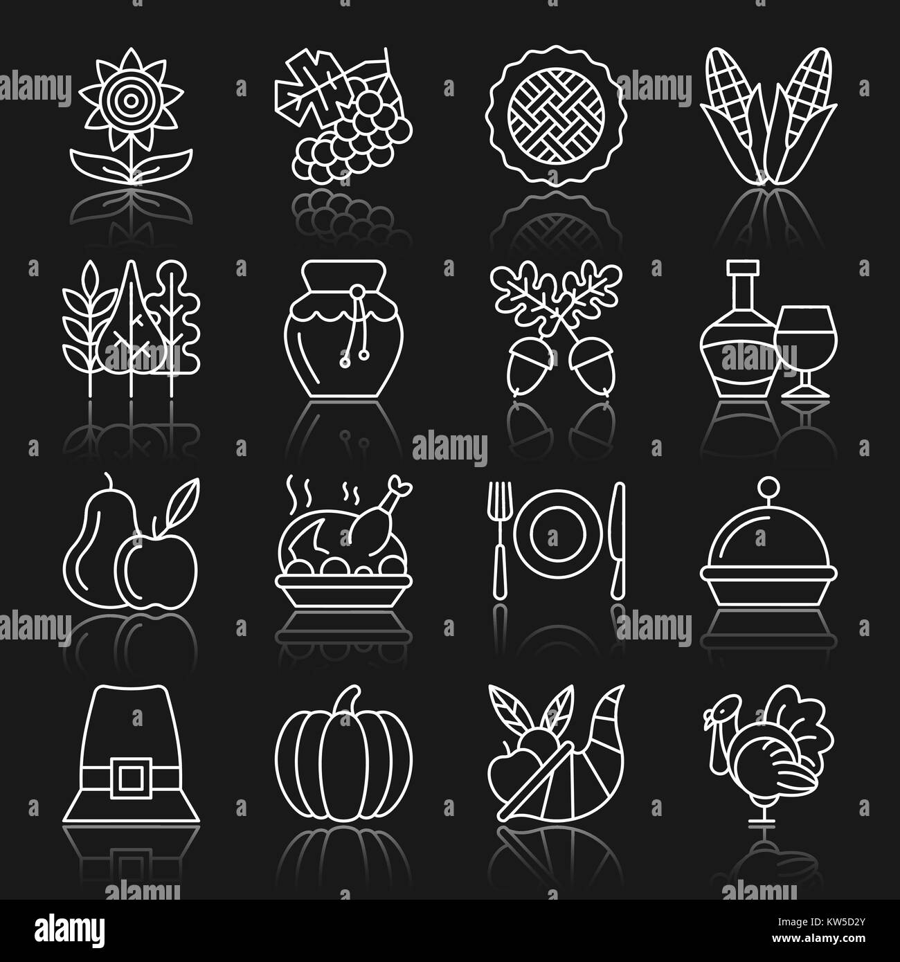 La Giornata del Ringraziamento white linea sottile con la riflessione imposta icona stagione vettore vacanze isolato simbolo lineare pack. Profilo semplice segno grafico pittogramma col Illustrazione Vettoriale