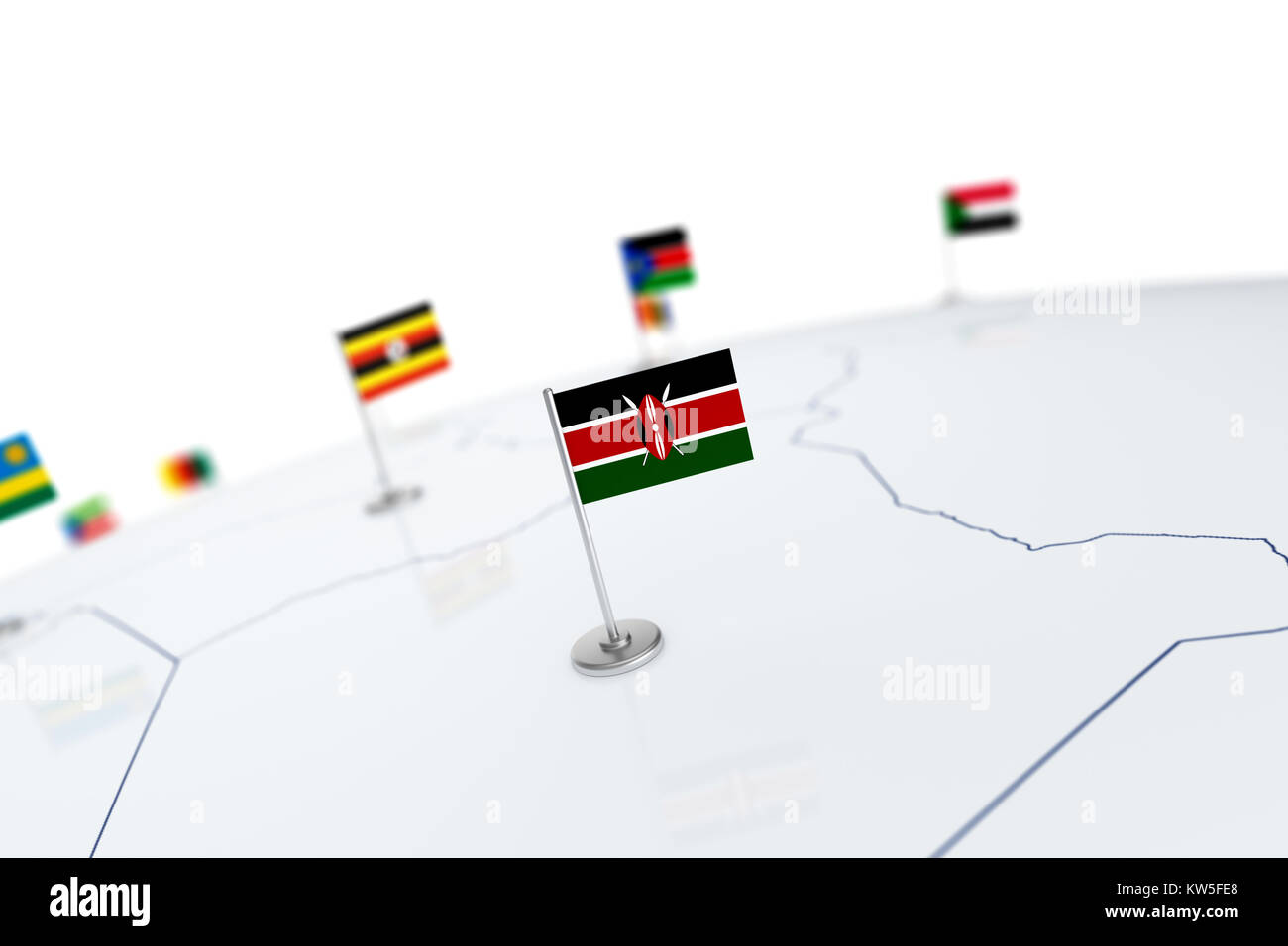 Bandiera del Kenya. Bandiera del paese con chrome pennone sulla mappa del mondo con i vicini paesi di frontiere. 3d illustrazione bandiera di rendering Foto Stock