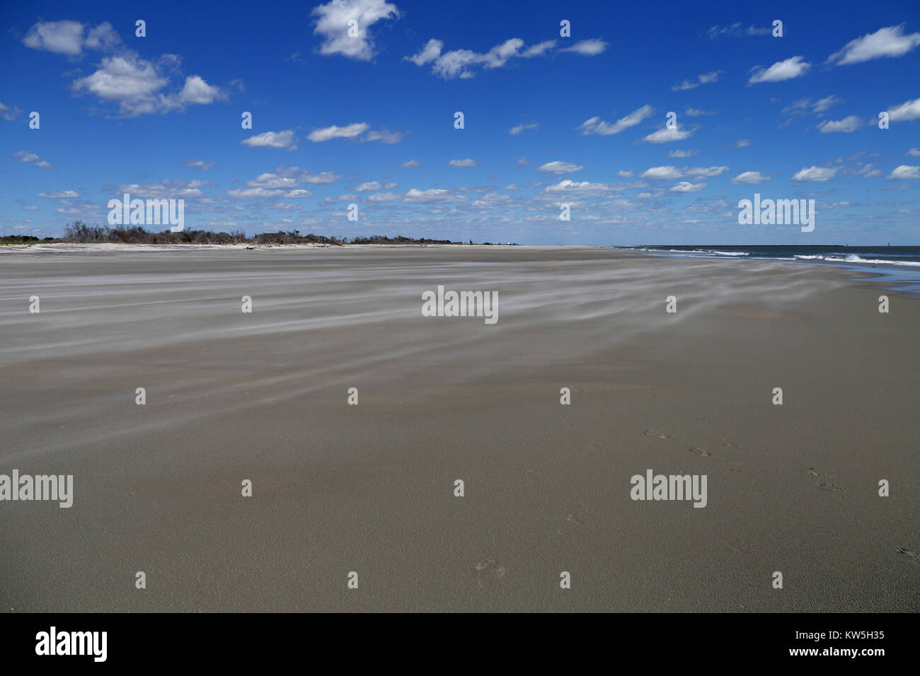 Sabbia soffia attraverso un tratto tranquillo della spiaggia non sviluppate lungo la costa del South Carolina, Foto Stock