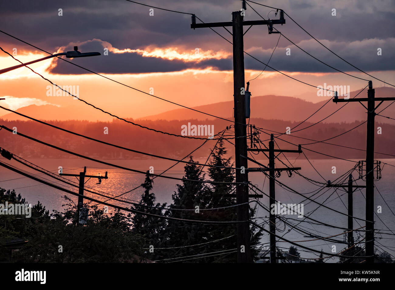 Le linee elettriche e pali del telefono in veiw di Puget Sound, Seattle, Washington, Stati Uniti d'America Foto Stock