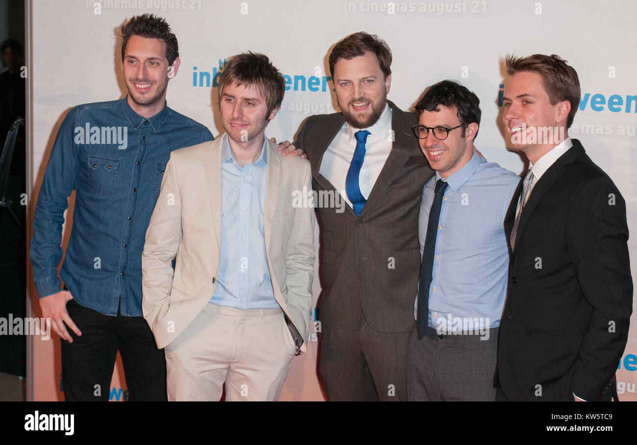 SYDNEY, Australia - 13 agosto: Blake Harrison, James Buckley, Simon Bird e Joe Thomas pongono alla premiere di 'L'Inbetweeners 2' a caso Cinema George Street, il 13 agosto 2014 a Sydney, in Australia. Il Inbetweeners 2 verrà rilasciato il 21 agosto 2014. Persone: Blake Harrison, James Buckley, Simon Bird, Joe Thomas Foto Stock