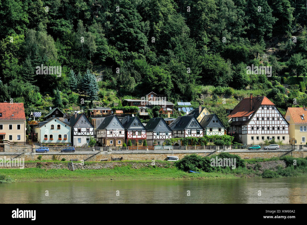 Sette fratelli case in Postelwitz, l'Elba per tono di sabbia montagne, l'Elba per tono di sabbia highlands, in Sassonia, Sieben Brueder Haeuser in Postelwitz, Foto Stock