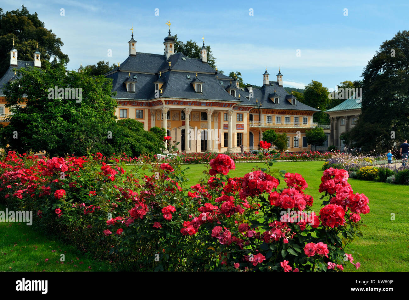 Il giardino del castello e palazzo di montagna, disposizione di castello di Pillnitz, Schlossgarten und Bergpalais, Schlossanlage Pillnitz Foto Stock