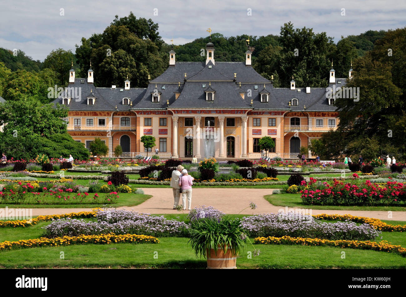 Il giardino del castello e palazzo di montagna, disposizione di castello di Pillnitz, Schlossgarten und Bergpalais, Schlossanlage Pillnitz Foto Stock