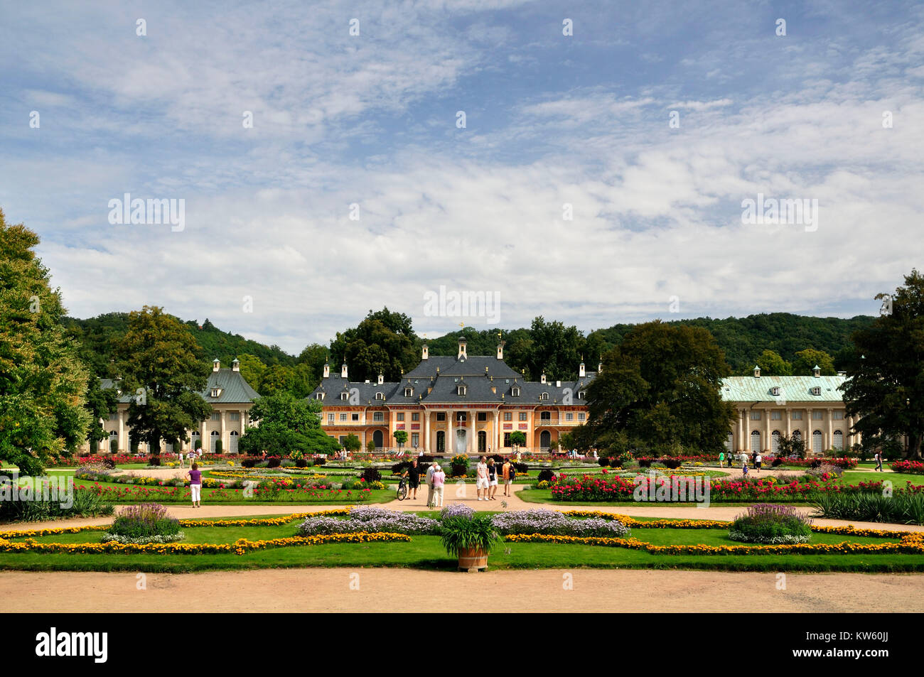 Il giardino del castello e palazzo di montagna, disposizione di castello di Pillnitz, Schlossgarten und Bergpalais , Schlossanlage Pillnitz Foto Stock