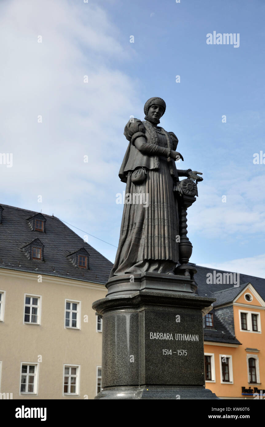 Barbara Uthmann Denkmal, Anna libro di montagna legno, Annaberg Buchholz Foto Stock