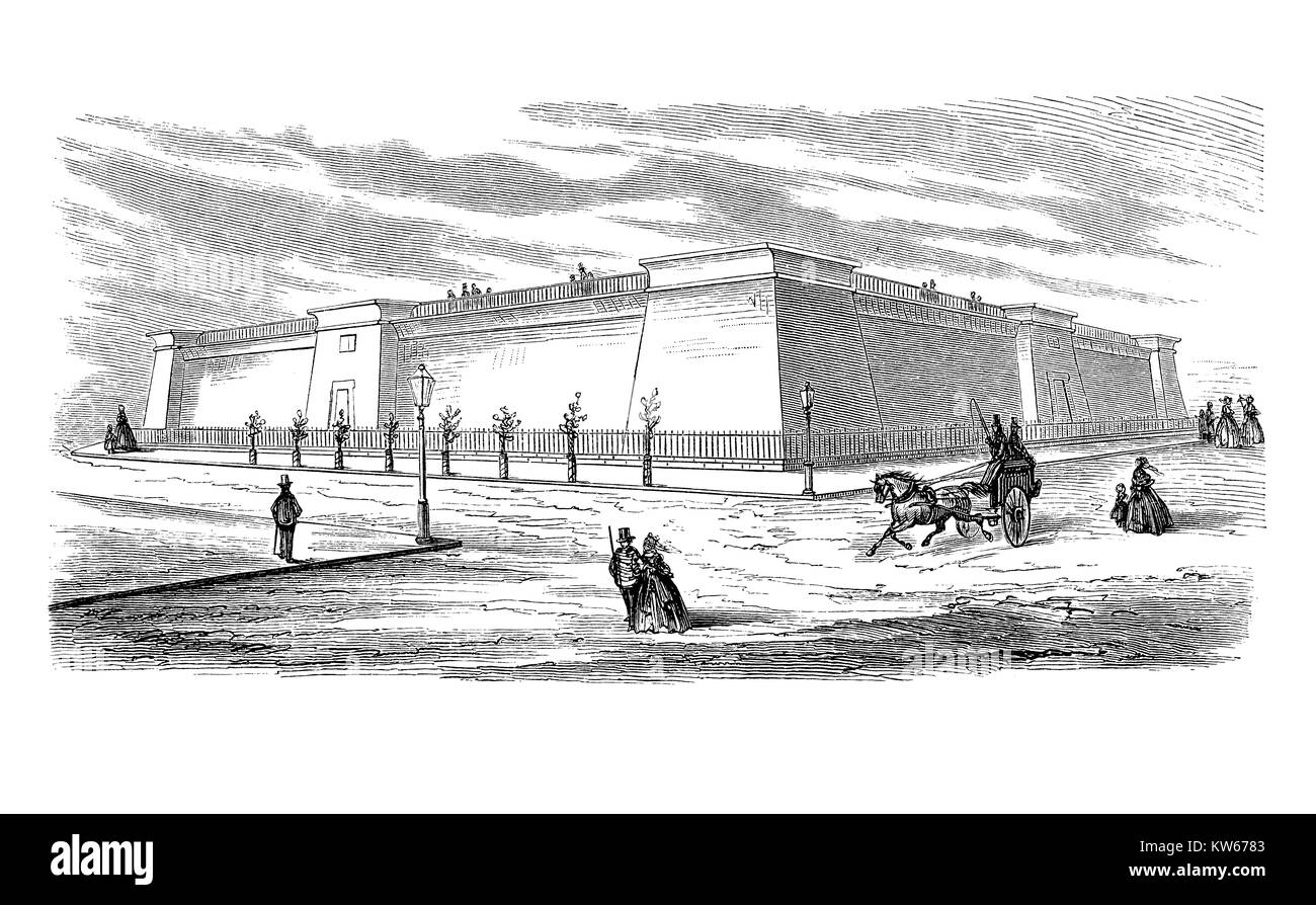 Vintage incisione il Murray Hill Serbatoio acqua di fornire ai cittadini di New York City. Costruito nel 1842 con pareti di granito e ghisa Tubi in egiziano revival stile architettonico fu demolito nel 1890 per fare spazio a Bryant Park e la Biblioteca Pubblica di New York Foto Stock