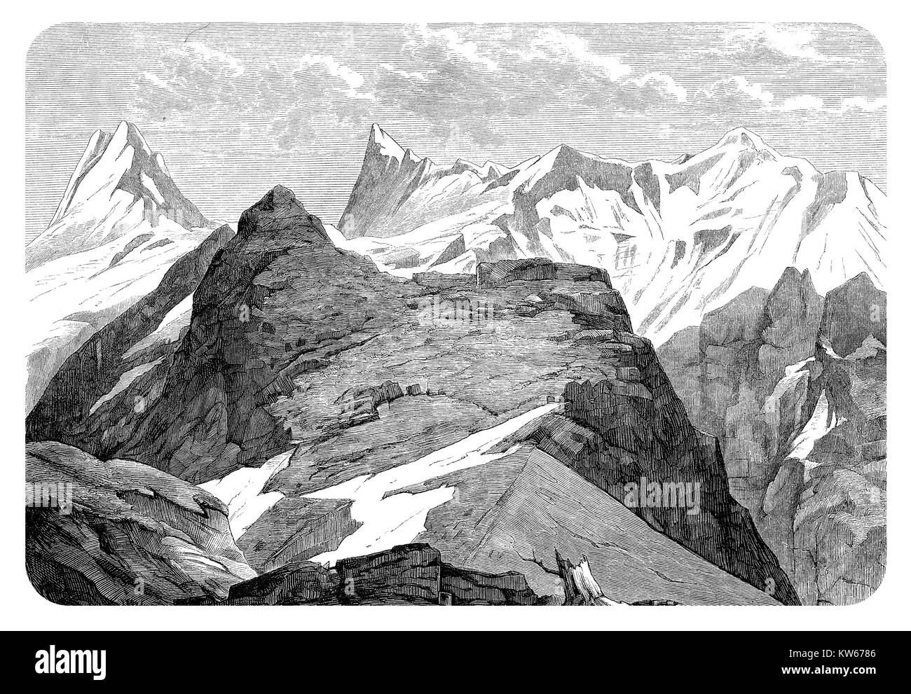 Vintage incisione il Finsteraarhorn ghiacciaio delle Alpi Bernesi, la più alta montagna della Svizzera Foto Stock
