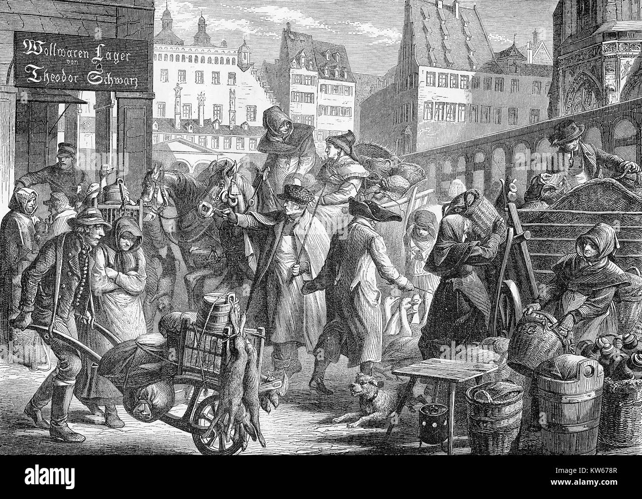 Potenziamento delle attività a Norimberga mercato verde dove gli agricoltori provengono da campagna e vendere i loro prodotti, incisione vintage Foto Stock