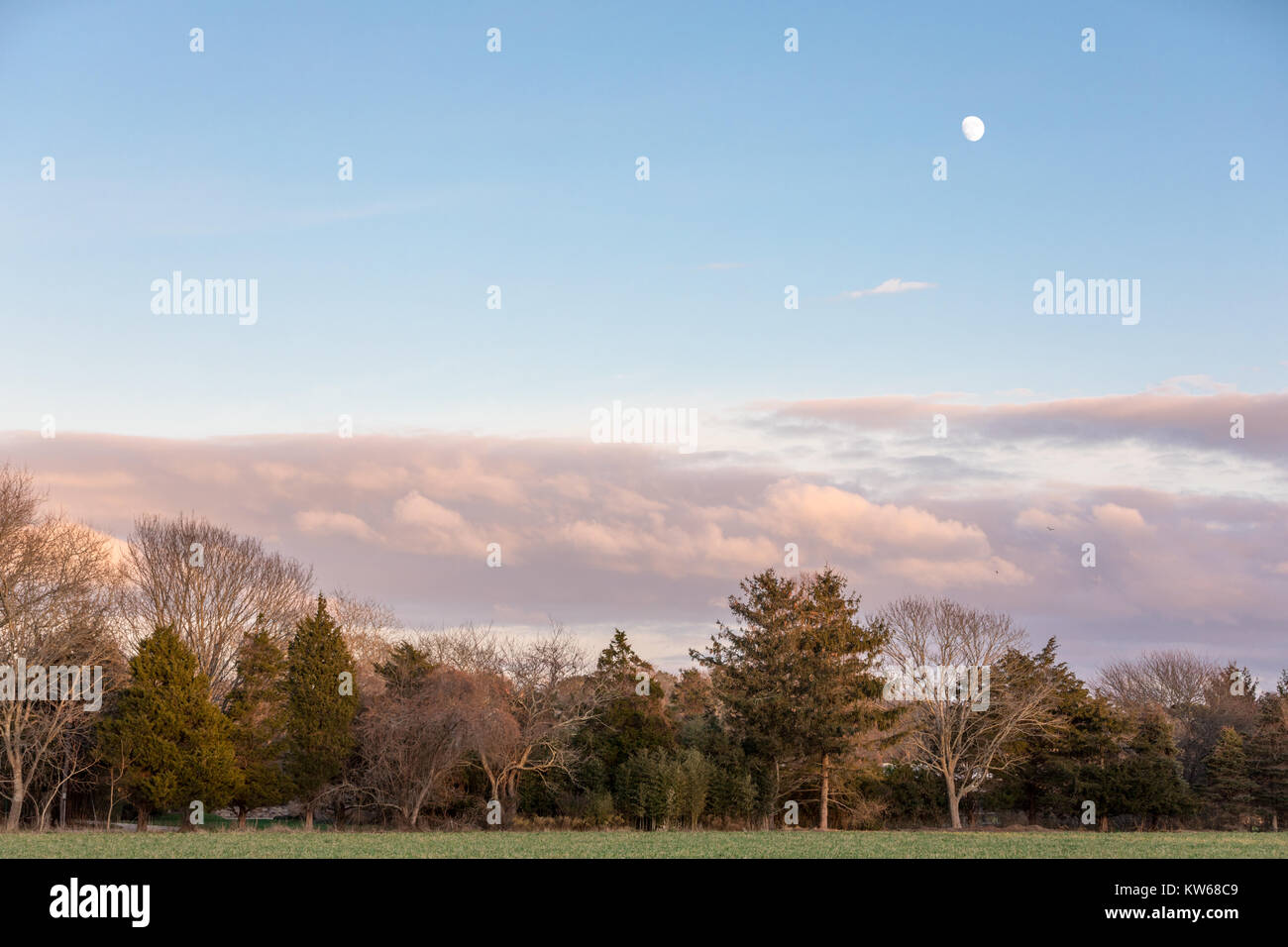 Paesaggio con tramonto e luna piena Foto Stock