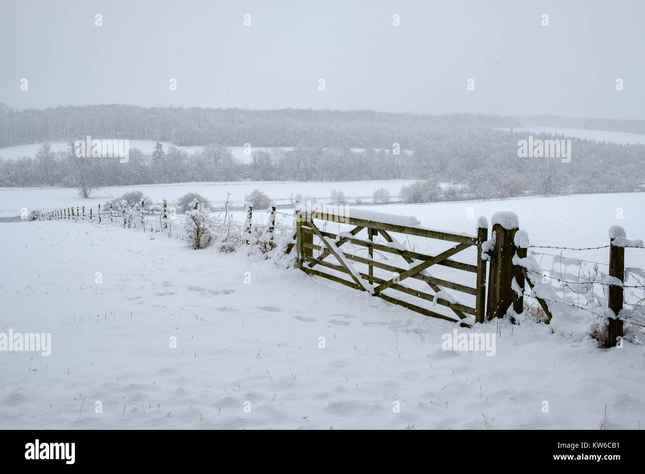 Snowy rurale scena della valle di scacchi in Chilterns Foto Stock