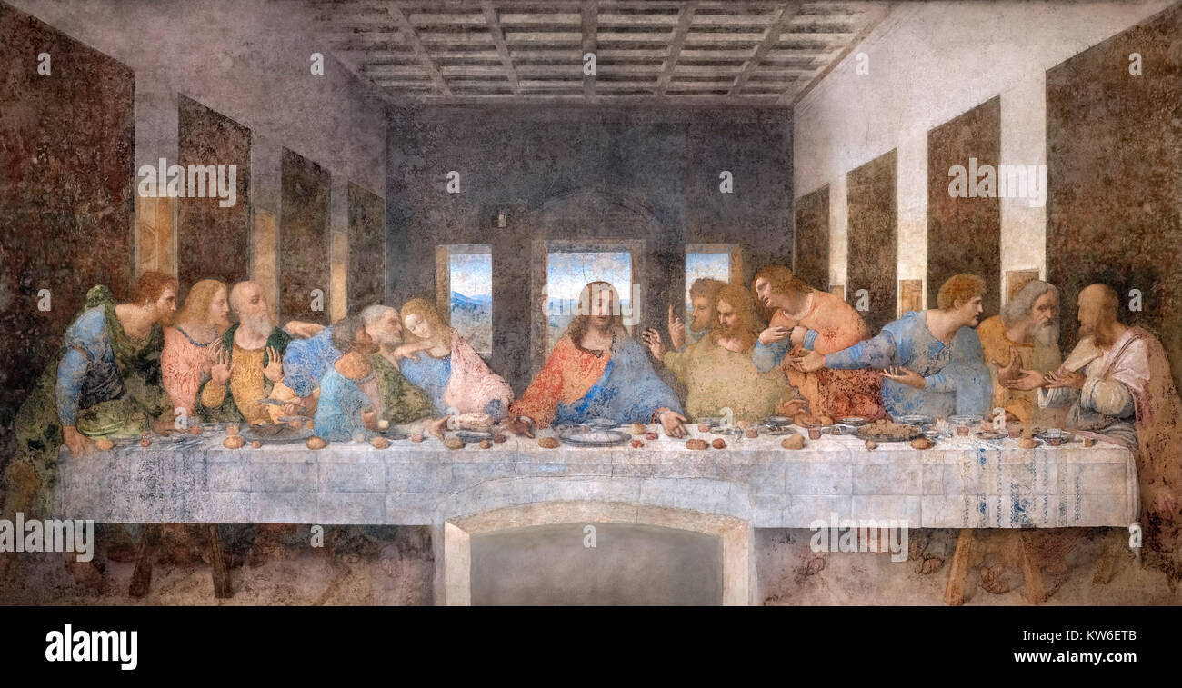 Da Vinci, Ultima Cena. L Ultima Cena di Leonardo da Vinci (1452-1519) c.1494-98, un affresco nel refettorio del convento di Santa Maria delle Grazie, Milano, Italia Foto Stock