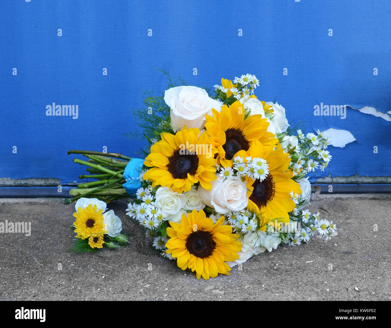 Un bouquet sposa e boutonniere di girasoli, rose, ortensie e margherite  contro uno sfondo di colore blu vernice peeling Foto stock - Alamy