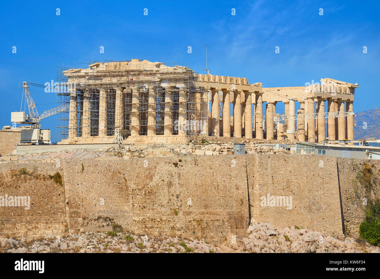 Vista al Partenone Acropoli di Atene, Grecia Foto Stock