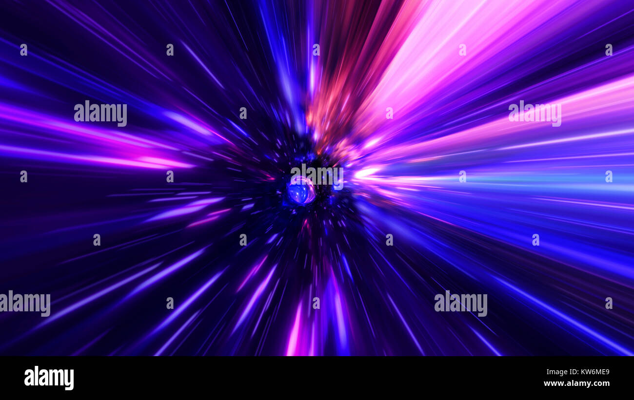 Interstellare, tempo di viaggio e hyper jump nello spazio. Volare attraverso il wormhole tunnel o astratto vortice di energia. Singularity, onde gravitazionali e spac Foto Stock