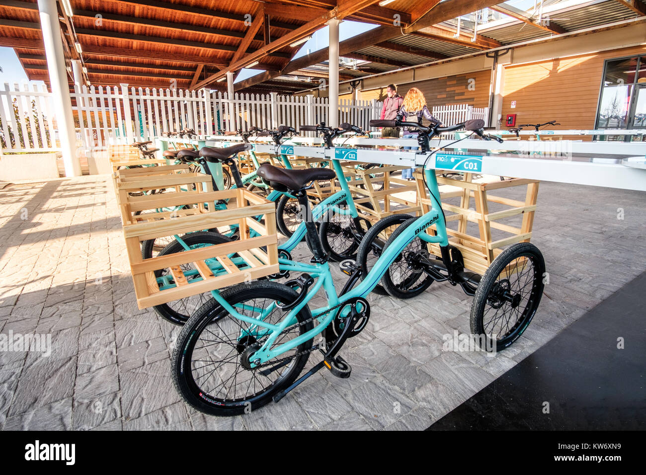 Biciclette Tricicli usati come carrelli di shopping per muoversi il più  grande supermercato del cibo italiano nel mondo, Fico Eataly a Bologna,  Italia, 19 Nov 2017 Foto stock - Alamy