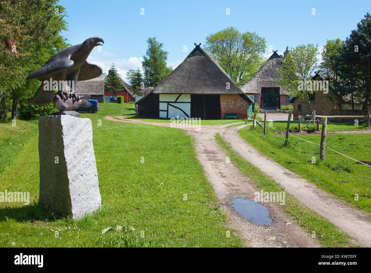 Colonia di artisti, eagle scultura e case col tetto di paglia al villaggio Ahrenshoop, Fischland, Meclemburgo-Pomerania, Mar Baltico, Germania Foto Stock
