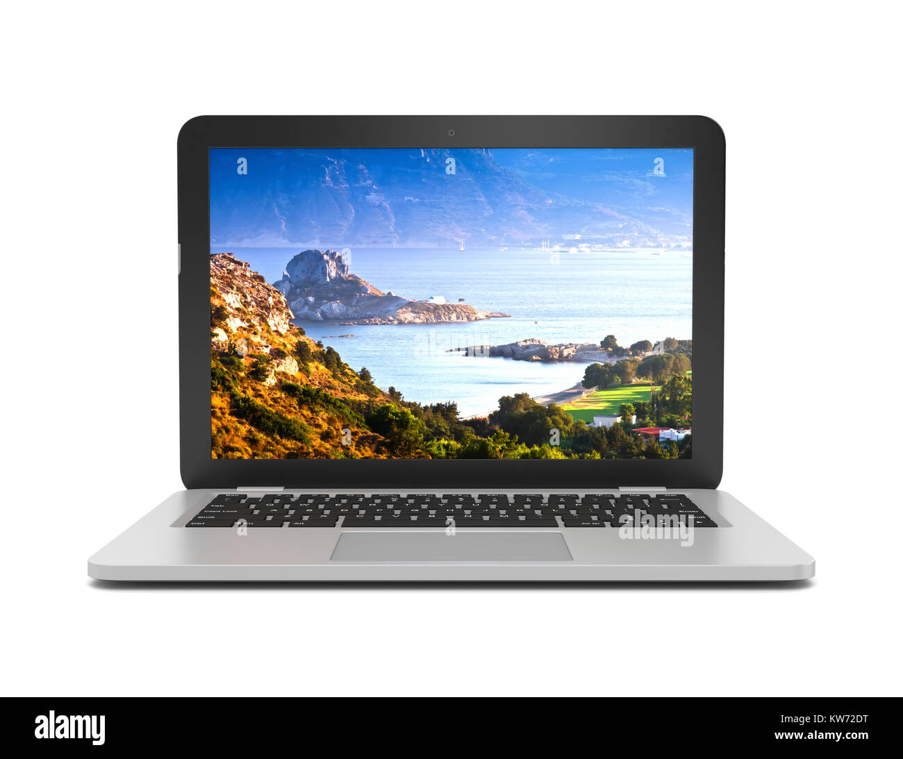 Argento Computer portatile con schermo che mostra Kos isola greca paesaggio su sfondo bianco 3D'illustrazione, vista frontale Foto Stock