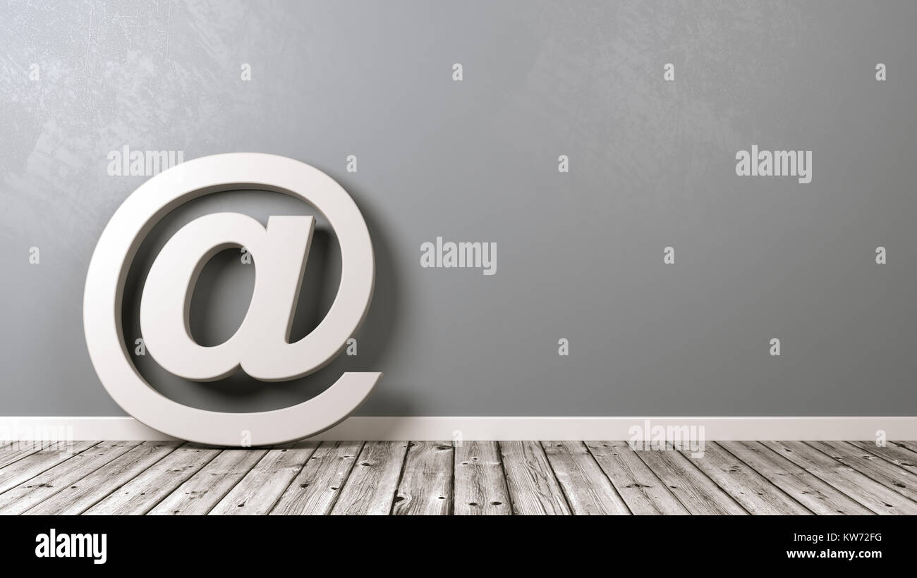 E-mail bianco forma del simbolo sul pavimento di legno contro il muro grigio con Copyspace 3D illustrazione Foto Stock