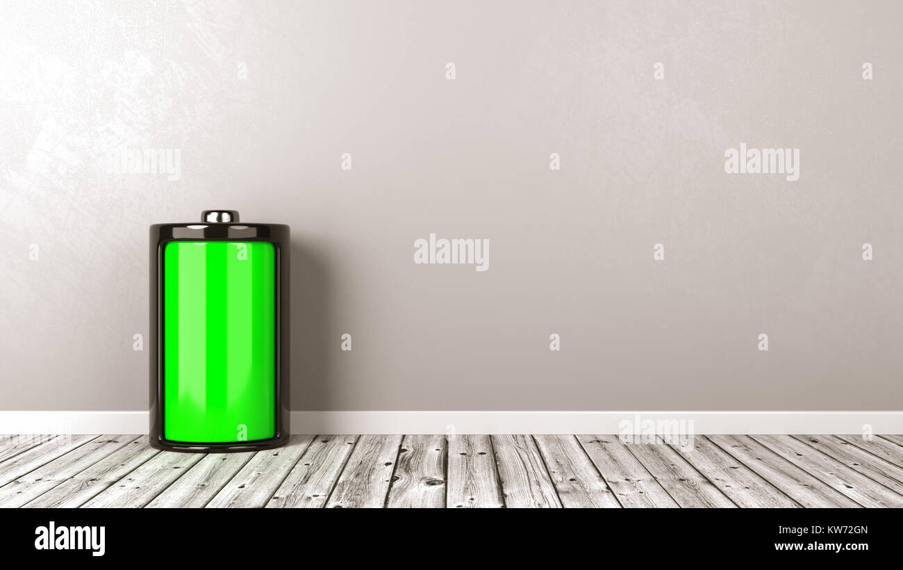 Una sola batteria elettrica completa di livello di carica sul pavimento di legno contro il muro grigio con Copyspace 3D illustrazione Foto Stock