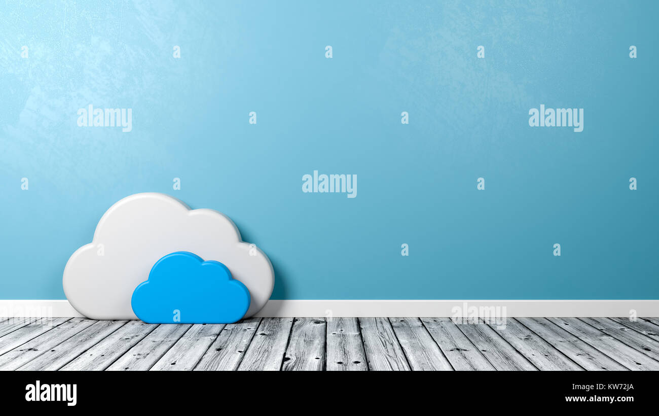 Nuvola Bianca forma del simbolo sul pavimento di legno contro la parete blu con Copyspace 3D illustrazione Foto Stock