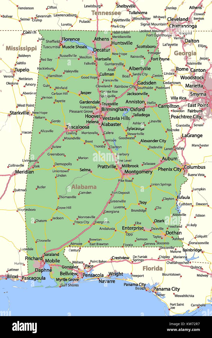 Mappa di Alabama. Mostra i confini, zone urbane, nomi di località, strade e autostrade. Proiezione: proiezione di Mercatore. Illustrazione Vettoriale