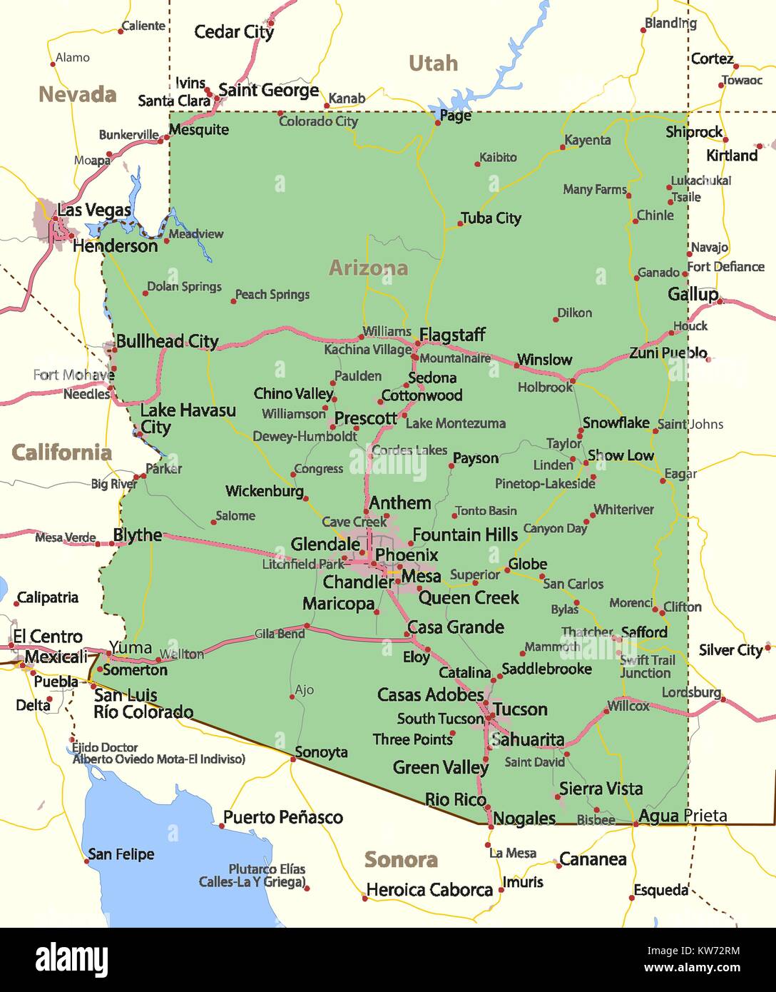 Mappa di Arizona. Mostra i confini, zone urbane, nomi di località, strade e autostrade. Proiezione: proiezione di Mercatore. Illustrazione Vettoriale