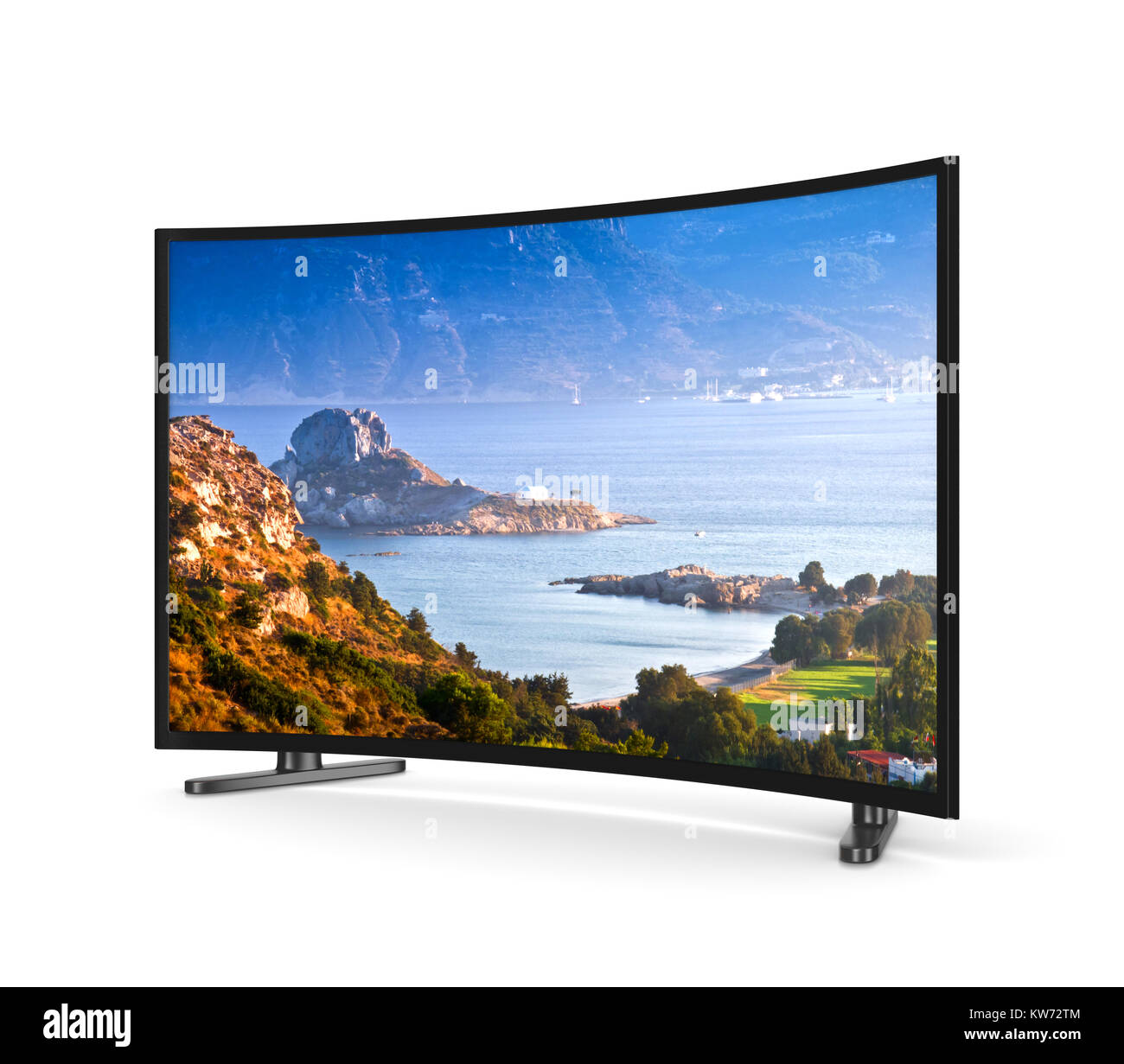 Moderno televisore con schermo curvo che mostra Kos isola greca paesaggio su sfondo bianco 3D illustrazione Foto Stock