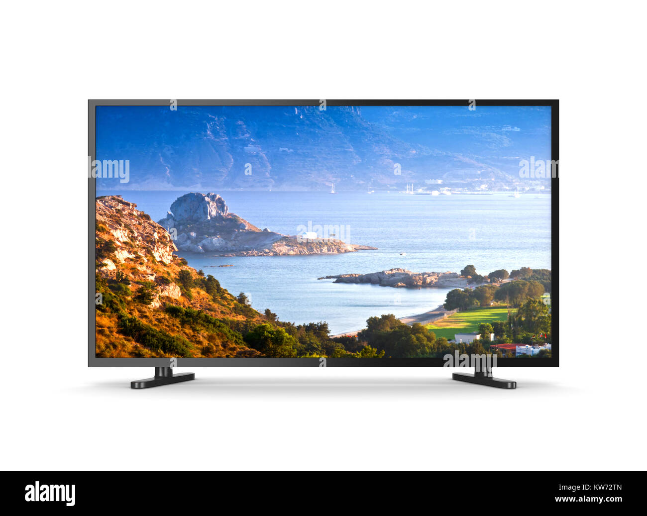 Televisore con schermo mostra Kos isola greca paesaggio su sfondo bianco 3D'illustrazione, vista frontale Foto Stock