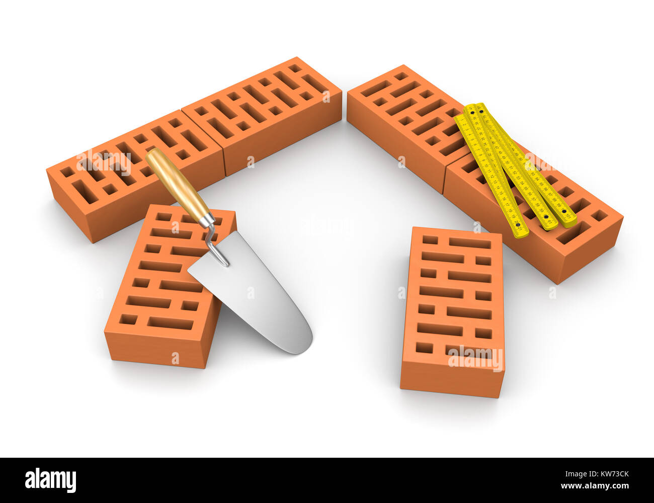 Falegname Metro e cazzuola addossati a mattoni nella forma di una casa su sfondo bianco 3D illustrazione Foto Stock