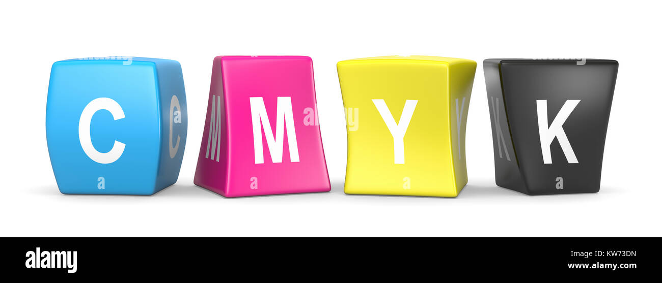 I colori CMYK deformato cubi divertenti con testo CMYK 3D'illustrazione su sfondo bianco Foto Stock
