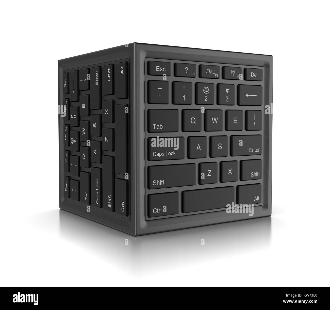 In forma di cubo con la tastiera del computer su facce 3D'illustrazione su bianco Foto Stock