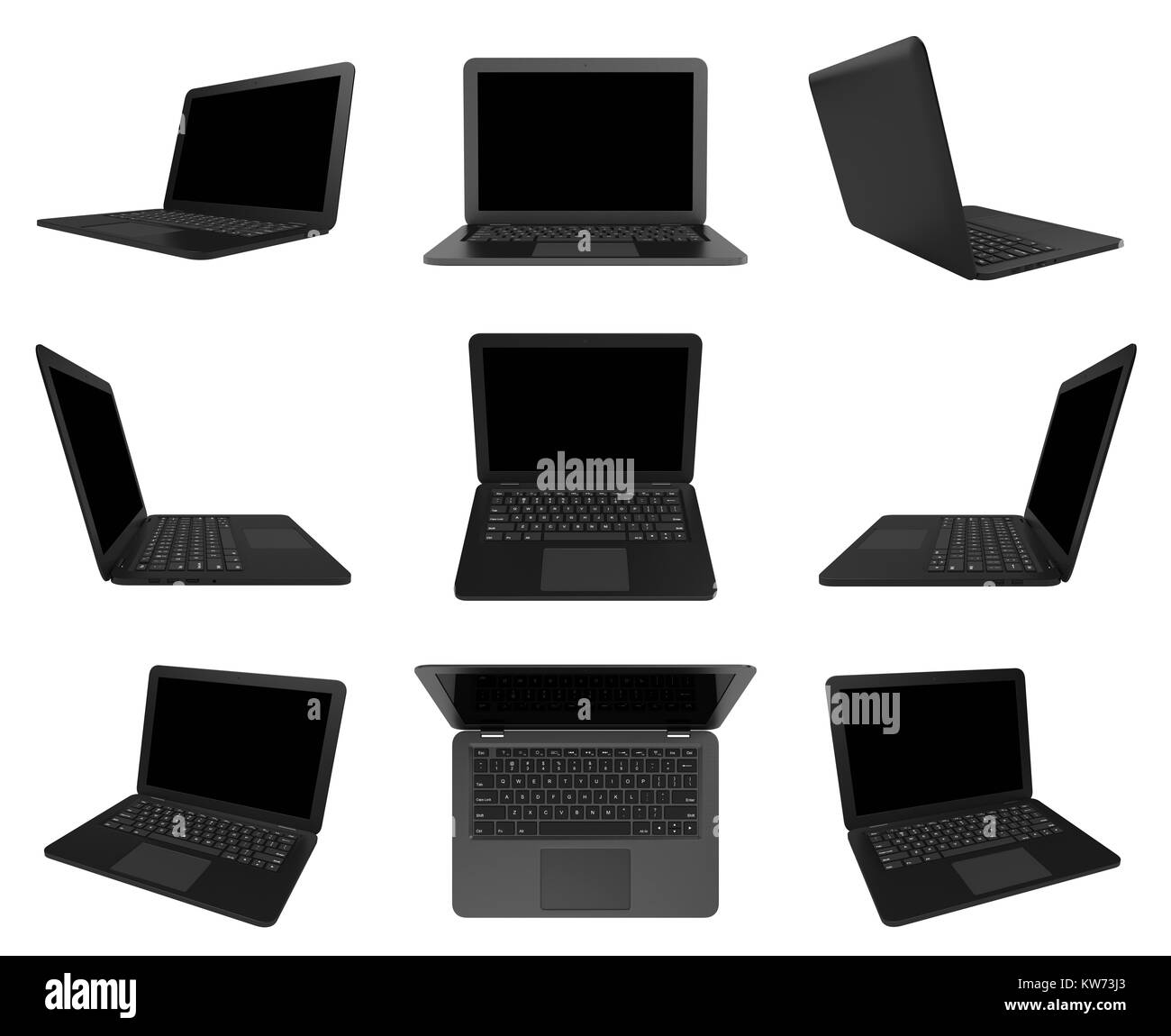 Nero Computer laptop con schermata nera vuota isolata su sfondo bianco 3D'illustrazione, più serie di visualizzazione Foto Stock