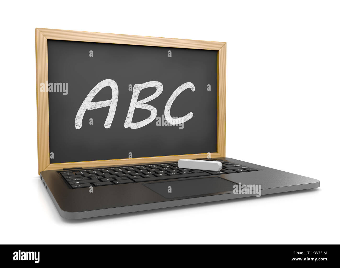 Computer portatile con un testo di ABC Blackboard al posto del display 3D'illustrazione su bianco, l'E-learning Concept Foto Stock