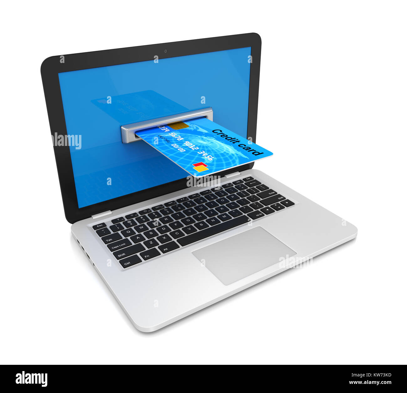 Carta di credito inserita in un computer portatile schermo 3D'illustrazione su bianco, Pagamenti Online Concept Foto Stock