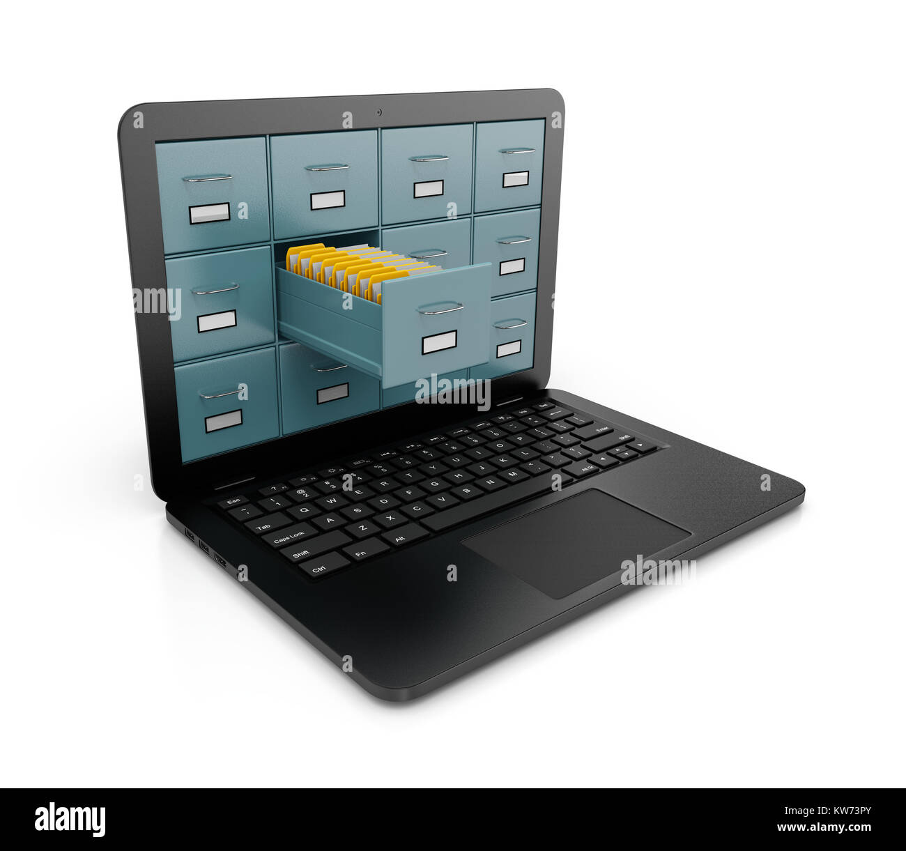 Archivio metallico Rack con un cassetto aperto pieno di giallo cartelle di documenti provenienti da un computer portatile schermo 3D'illustrazione su sfondo bianco Foto Stock Archivio metallico Rack con un cassetto aperto pieno di giallo cartelle di documenti provenienti da un computer portatile schermo 3D'illustrazione su sfondo bianco Foto Stock