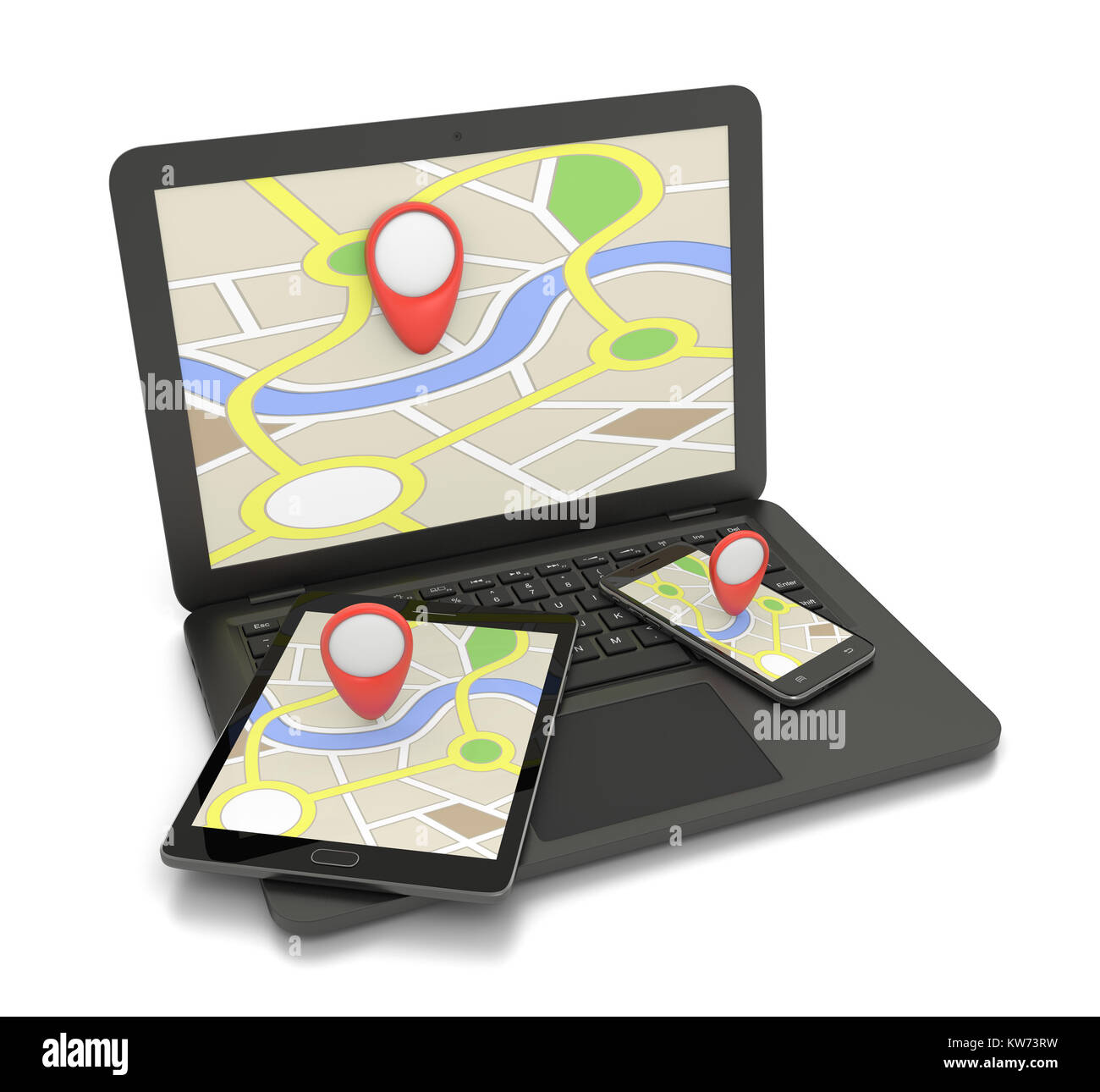 Computer laptop, smartphone e Tablet PC con una mappa di navigazione sul display su sfondo bianco 3D illustrazione Foto Stock