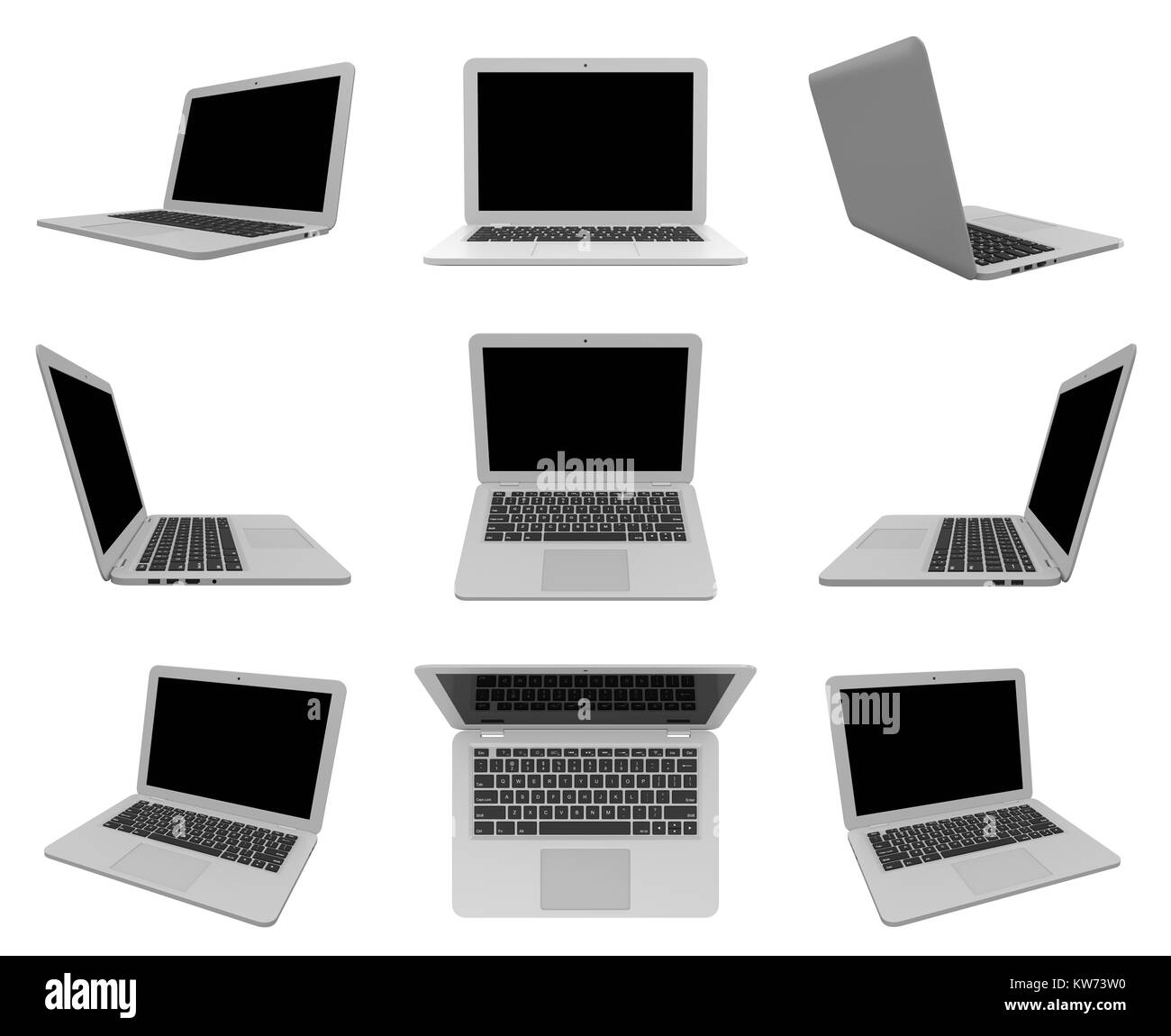 Computer portatile con schermata nera vuota isolata su sfondo bianco 3D'illustrazione, più serie di visualizzazione Foto Stock