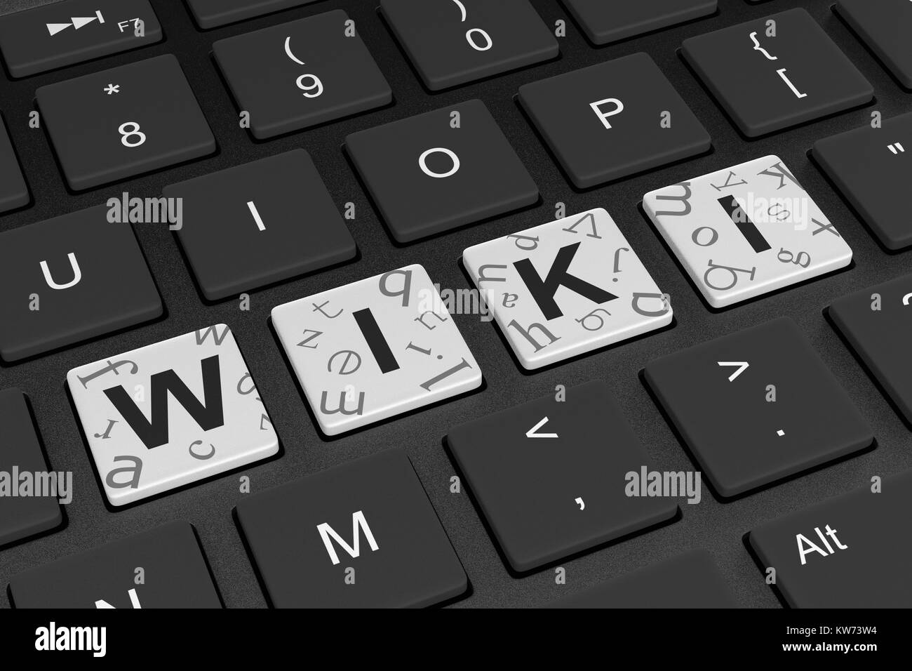 Wiki di bianco di testo parola sul calcolatore nero i tasti della tastiera 3D illustrazione Foto Stock
