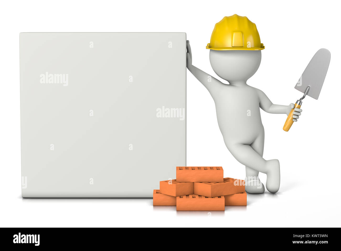 Muratore, Bianco 3D carattere con elmetto, mattoni e cazzuola strumenti di lavoro poggiato su un quadrato vuoto Bill 3D illustrazione Foto Stock