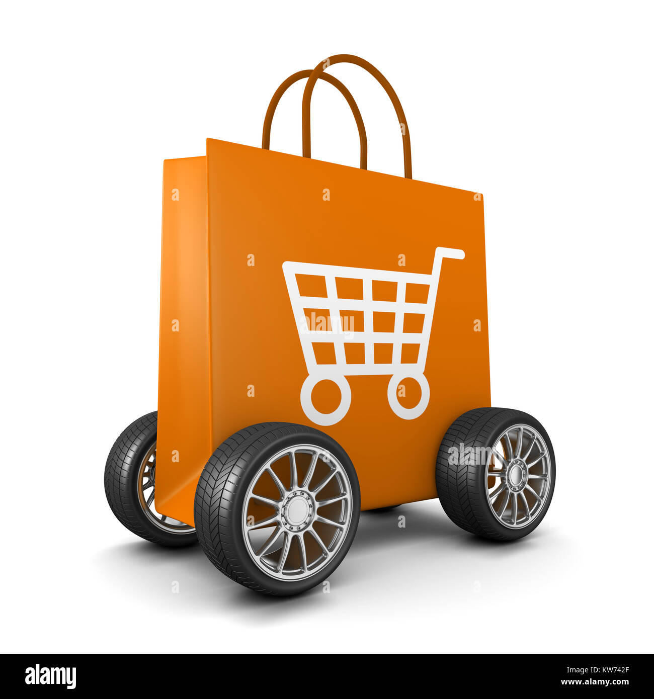 Orange Shopping Bag con il simbolo del carrello e ruote su sfondo bianco 3D illustrazione Foto Stock