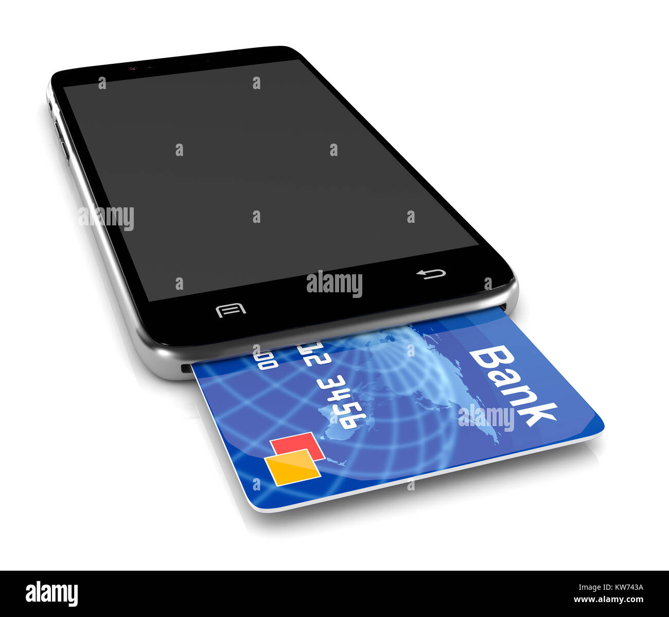 Lo smartphone come un lettore di carte bancarie 3D'illustrazione su bianco e di pagamento remoto concetto di servizio Foto Stock