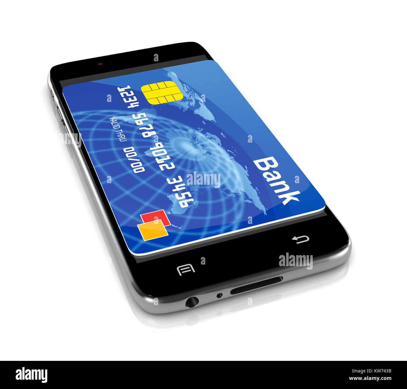 Smartphone con una carta bancaria 3D'illustrazione su bianco e di pagamento remoto concetto di servizio Foto Stock