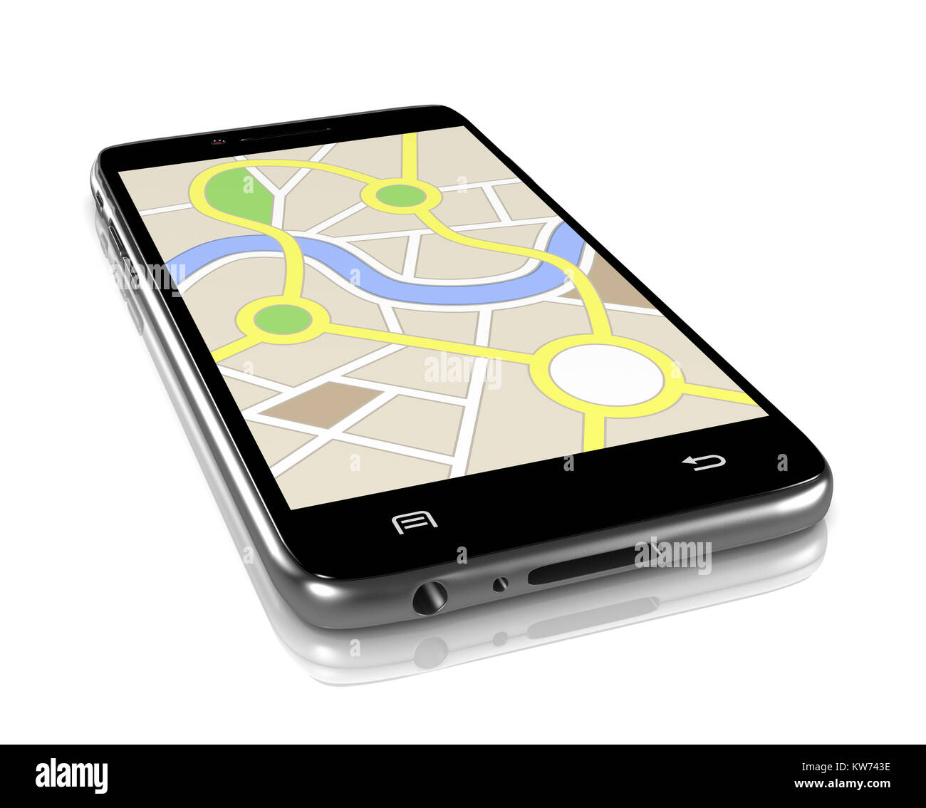 Smartphone che mostra un sistema di navigazione mappa 3D'illustrazione su sfondo bianco Foto Stock