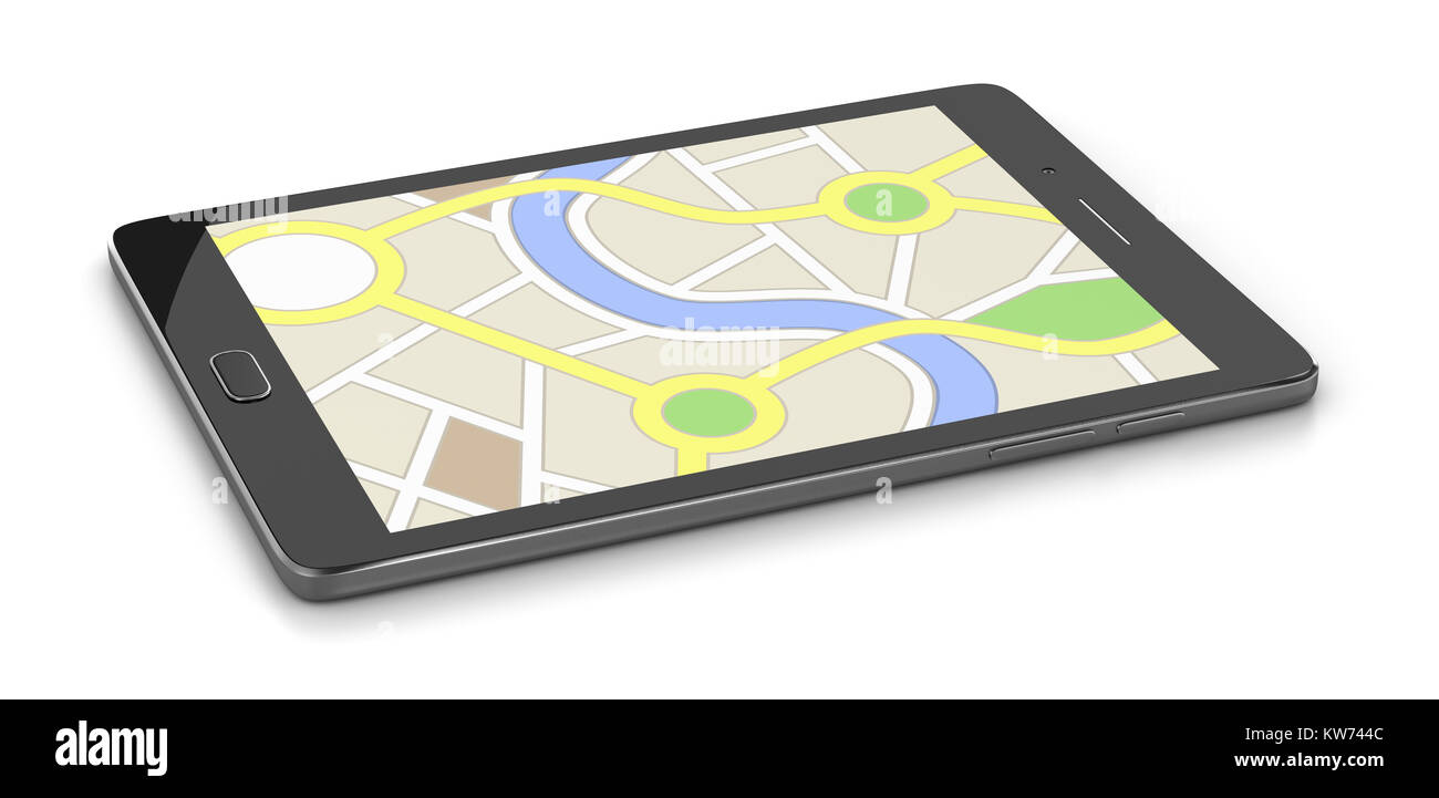 Tablet Pc che mostra un sistema di navigazione mappa 3D'illustrazione su sfondo bianco Foto Stock