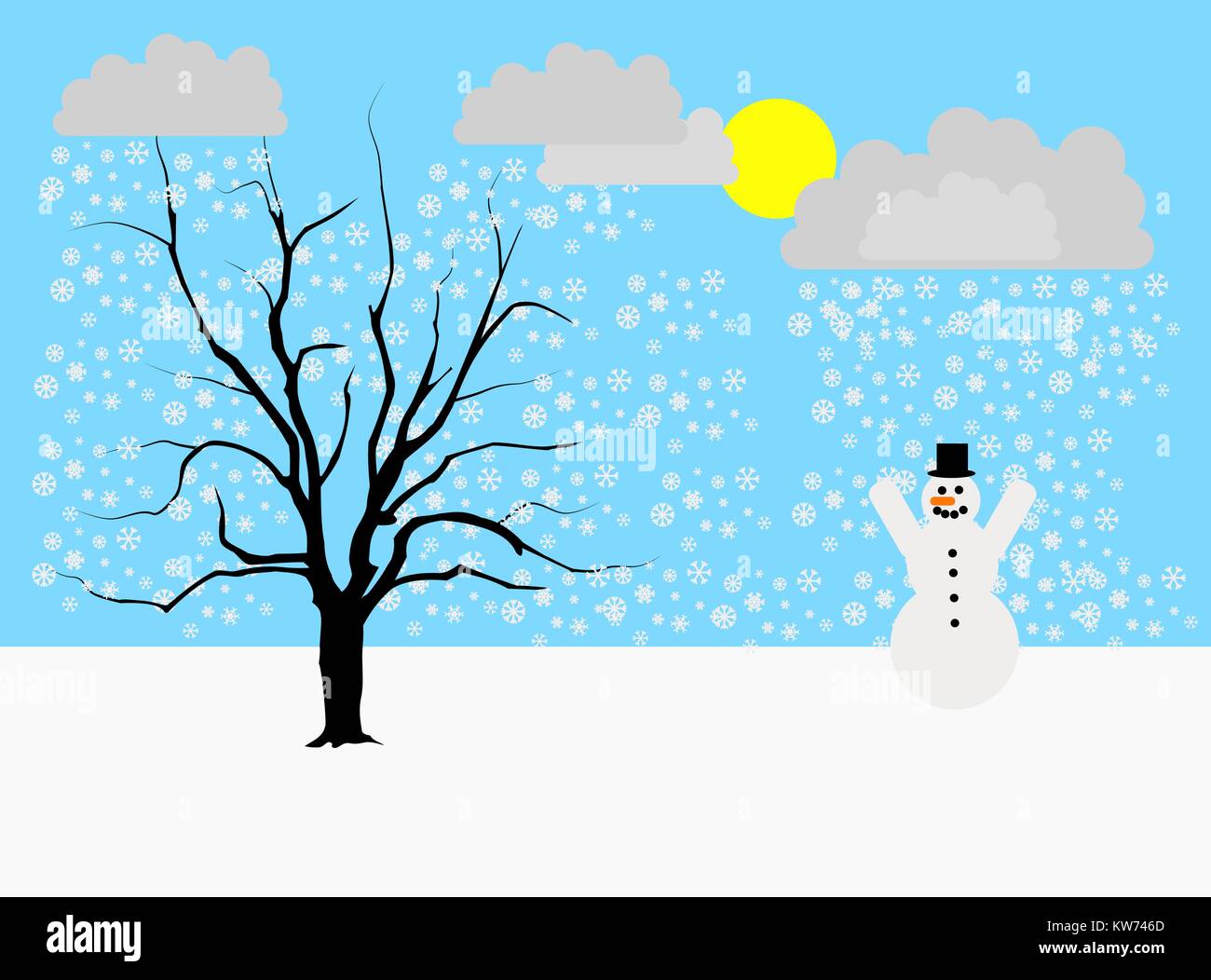 Paesaggio invernale con uomo di neve e albero Illustrazione Vettoriale