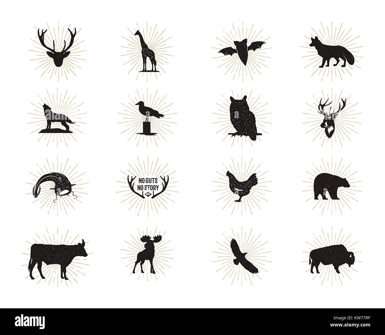 Set di animale selvatico figure e forme con sunbursts isolati su sfondo bianco. Silhouette nera Wolf, cervi, alci, bisonti, Eagle, seagull, mucca, un Foto Stock