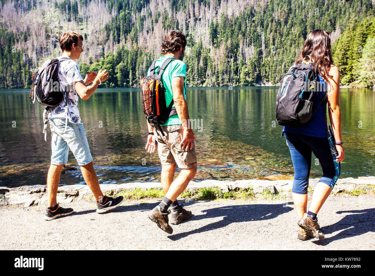 Escursionisti sulle rive del Lago Nero, Parco Nazionale di Sumava, Repubblica Ceca Europa Foto Stock